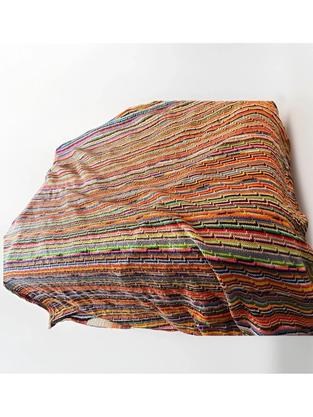 Large Knit Handmade Crocheted Afghan Blanket Rainbow Multi Color 80x92 Inch Vtg